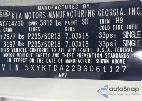 2011 Kia Sorento Lx V6 z USA, uszkodzony, nr VIN 5XYKTDA22BG061127